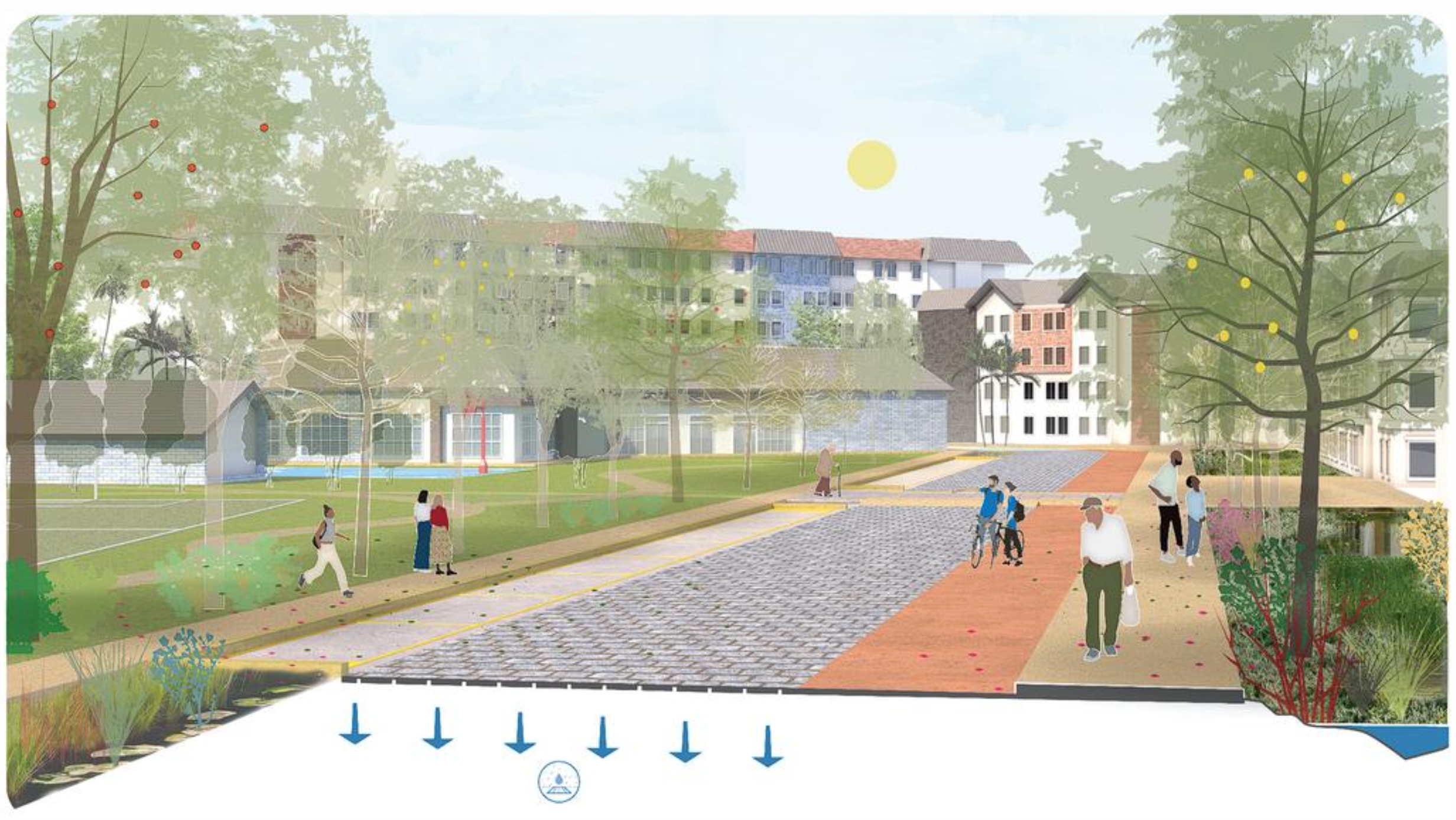 a brightly colored rendering of a paved walkway. Many people seem to be enjoying it, including a couple with a bike. There are trees of various opacities, and one has red dots that appear to be fruit. In the background, multicolored apartments can be seen as well as a basketball court and squat community building.